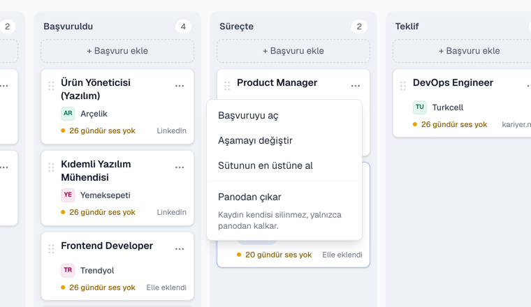A card's ⋯ menu: open the application, change stage, move to top of column, remove from board