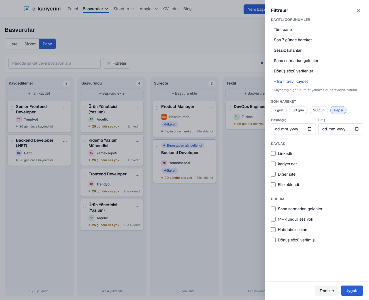 The board's filter panel: saved views, last activity, source and state filters